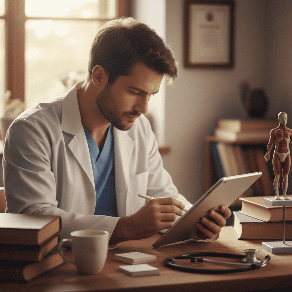 Residentado médico estudiando con tablet